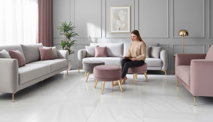 Stołek Pufa Otomana Nowoczesny Luksusowy Materiał Design Salon Różowy Okrągły