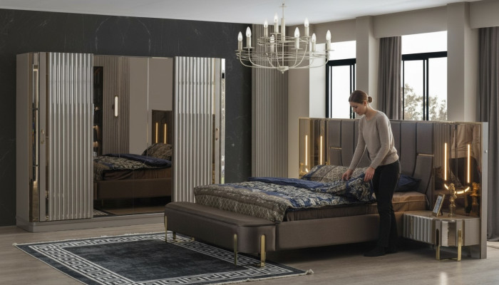 Ustawić Sypialnię Podwójne łóżko Luksusowe łóżko Modern Brown Zestaw 4szt Nowe