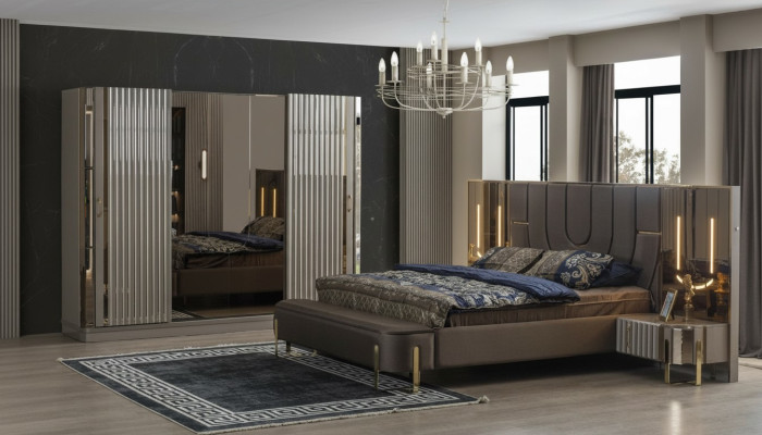 Ustawić Sypialnię Podwójne łóżko Luksusowe łóżko Modern Brown Zestaw 4szt Nowe