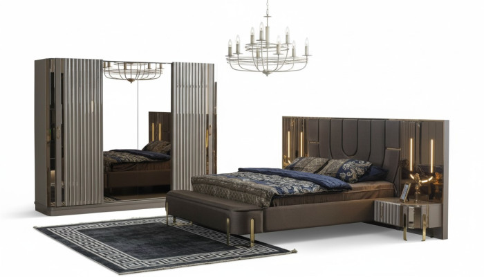 Ustawić Sypialnię Podwójne łóżko Luksusowe łóżko Modern Brown Zestaw 4szt Nowe