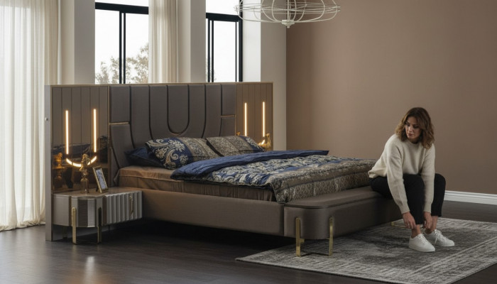 Podwójne łóżko Ustawić Sypialnia Luksusowe łóżko Modern Brown 3-częściowe