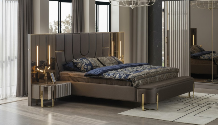 Podwójne łóżko Ustawić Sypialnia Luksusowe łóżko Modern Brown 3-częściowe