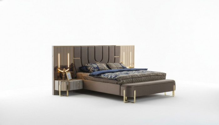Podwójne łóżko Ustawić Sypialnia Luksusowe łóżko Modern Brown 3-częściowe