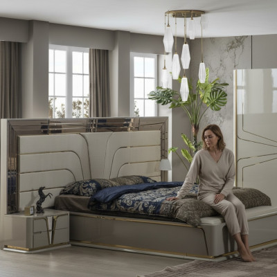 Ustawić Sypialnię Podwójne łóżko Luksusowe łóżko Modern Beige Zestaw 3szt Nowe