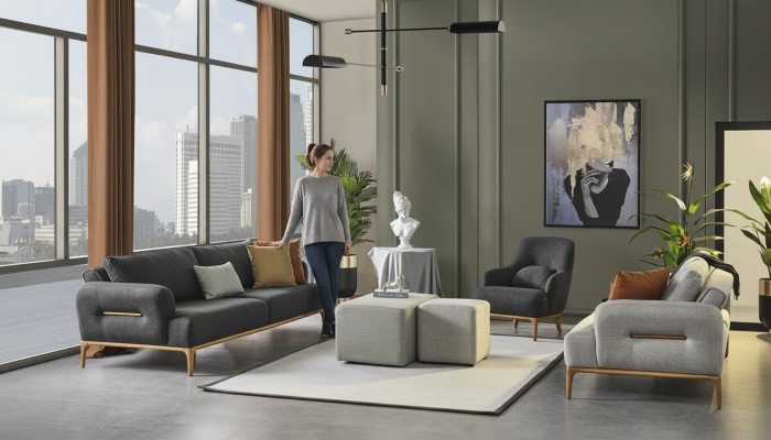 Zestaw sofowy Sofa Fotel 321Seater Materiał Luksusowe Szare Sofy do Salonu