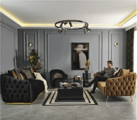 Chesterfield Zestaw sofowy Fotel niebieski poliester luksusowy zestaw 3 sztuki