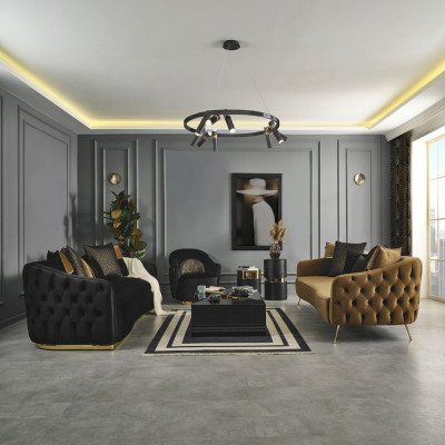 Chesterfield Zestaw sofowy Fotel niebieski poliester luksusowy zestaw 3 sztuki