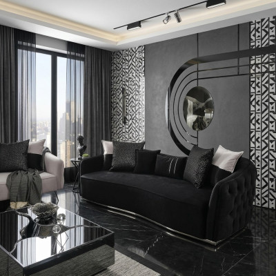 Sofa czteroosobowa 4 miejsce do siedzenia Sofy Nowoczesny Design Materiał Poliester Czarny