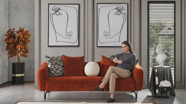 Sofa trzyosobowa 3 miejsce do siedzenia, sofy design nowoczesny materiał pomarańczowy salon