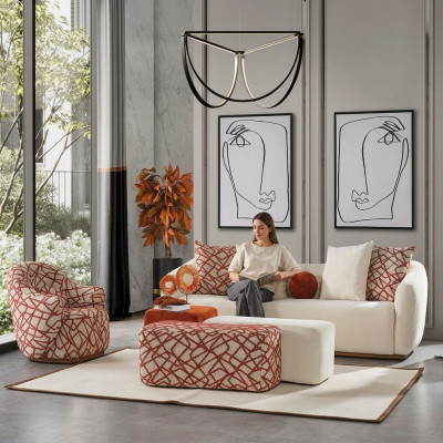 Zestaw sofowy komplet wypoczynkowy sofa 4 miejsce do siedzenia Fotel 3x Stołek Biały czteroosobowy materiał
