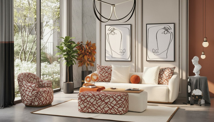 Zestaw sofowy komplet wypoczynkowy sofa 4 miejsce do siedzenia Fotel 3x Stołek Biały czteroosobowy materiał
