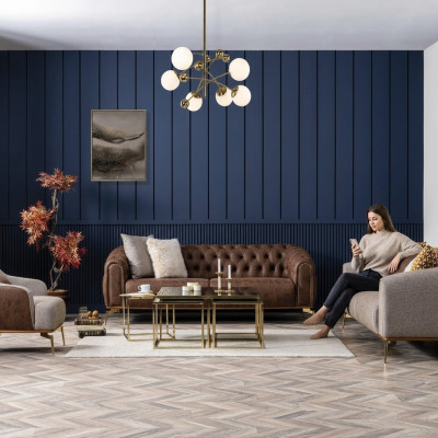 Zestaw sofowy Kompletny zestaw wypoczynkowy Sofa 431 miejsce do siedzenia Materiał Brązowy 3-częściowy