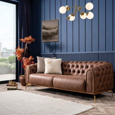 Sofa czteroosobowa Chesterfield 4 miejsce do siedzenia Siedziba Poliester Brown sztuczna skóra