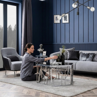 Nowoczesna Sofa Ustawić 3 Siedziba Fotel Materiał Szary Nowoczesny Poliester