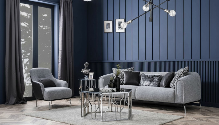 Nowoczesna Sofa Ustawić 3 Siedziba Fotel Materiał Szary Nowoczesny Poliester