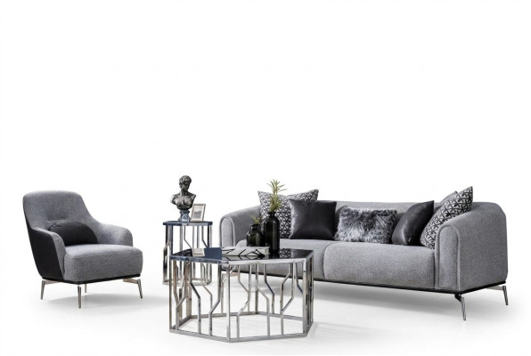 Nowoczesna Sofa Ustawić 3 Siedziba Fotel Materiał Szary Nowoczesny Poliester