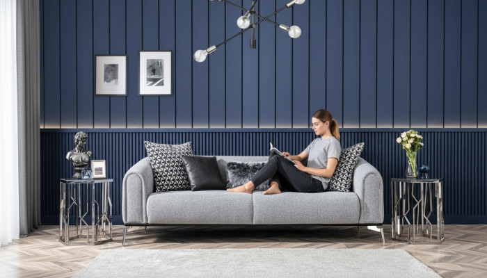 Sofa trzyosobowa 3 miejsce do siedzenia Sofy Siedziba Materiał Szary Salon Nowoczesny Luksus