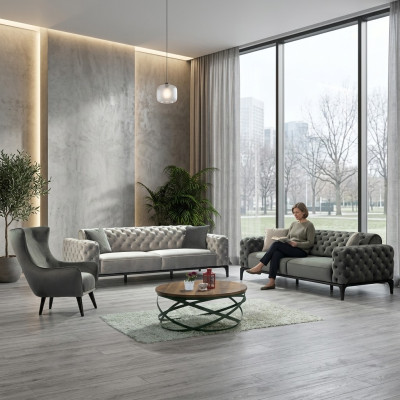 Chesterfield Zestaw sofowy Sofa 31 miejsce do siedzenia Materiał Szare Luksusowe Sofy Siedziba