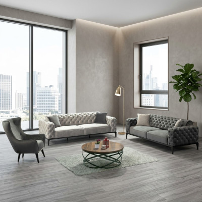 Chesterfield Zestaw sofowy Sofa 31 miejsce do siedzenia Materiał Szare Luksusowe Sofy Siedziba