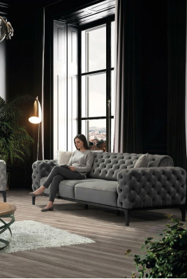 Sofa 3 miejsce do siedzenia Sofy trzyosobowe Materiał Szary Pokój dzienny Chesterfield Nowość