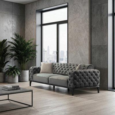 Sofa 3 miejsce do siedzenia Sofy trzyosobowe Materiał Szary Pokój dzienny Chesterfield Nowość