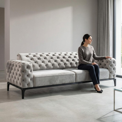 Sofa trzyosobowa 3 miejsce do siedzenia Sofy Materiał Biały Pokój dzienny Chesterfield Nowość
