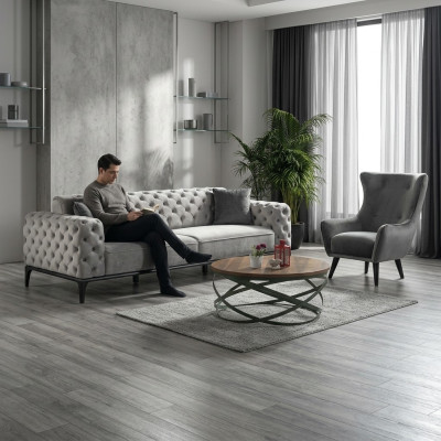 Chesterfield Zestaw sofowy Sofa 3+1 miejsce do siedzenia Materiał Szare Luksusowe Sofy Biały