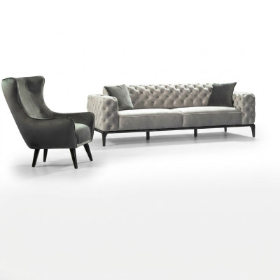 Chesterfield Zestaw sofowy Sofa 3+1 miejsce do siedzenia Materiał Szare Luksusowe Sofy Biały