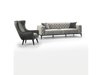 Chesterfield Zestaw sofowy Sofa 3+1 miejsce do siedzenia Materiał Szare Luksusowe Sofy Biały