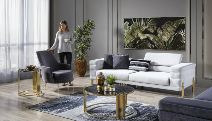 Luksusowy Zestaw sofowy Sofa 4 miejsce do siedzenia Fotel Materiał Nowoczesny Biały Nowoczesny zestaw