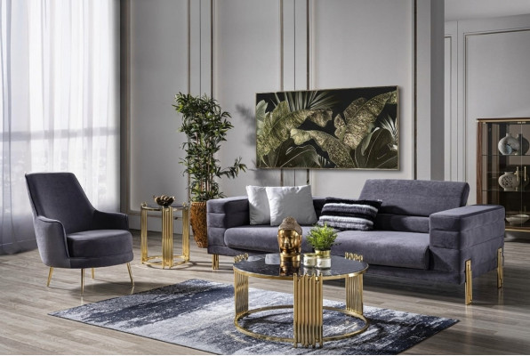 Luksusowy Zestaw sofowy Sofa 3 miejsce do siedzenia Fotel Material Modern Szary Nowoczesny zestaw