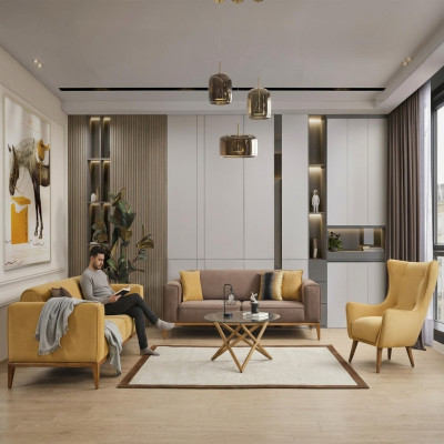 Zestaw sofowy Kompletna Sofa 431 miejsce do siedzenia Fotel Materiał Żółty Zestaw 3szt. Nowy