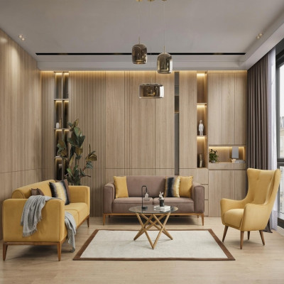 Zestaw sofowy Kompletna Sofa 431 miejsce do siedzenia Fotel Materiał Żółty Zestaw 3szt. Nowy