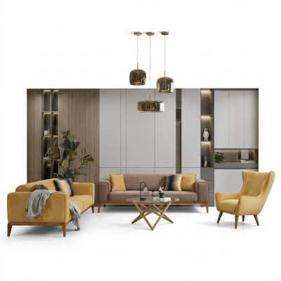 Zestaw sofowy Kompletna Sofa 431 miejsce do siedzenia Fotel Materiał Żółty Zestaw 3szt. Nowy