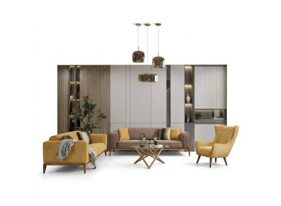Zestaw sofowy Kompletna Sofa 431 miejsce do siedzenia Fotel Materiał Żółty Zestaw 3szt. Nowy