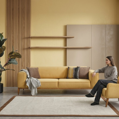 Sofa Trzyosobowa 3 miejsce do siedzenia Sofy Materiał Żółty Salon Luksusowy Nowoczesny Siedziba