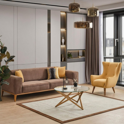 Zestaw sofowy Sofa 4 miejsce do siedzenia Fotel Yellow Material Btaun Nowoczesny czteromiejscowy fotel