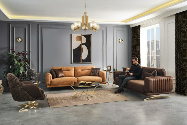 Zestaw sofowy Kompletna sofa 431 Siedziba Fotel sztuczna skóra brązowa komplet 3 sztuki