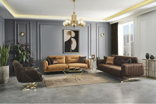 Zestaw sofowy Kompletna sofa 431 Siedziba Fotel sztuczna skóra brązowa komplet 3 sztuki
