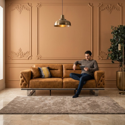 Sofa czteroosobowa 4 miejsce siedzące sofy sztuczna skóra brązowa salon luksusowy