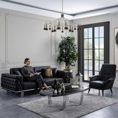 Zestaw sofowy Sofa kompletna 41 Siedziba Fotel sztuczna skóra Czarny Zestaw 2szt