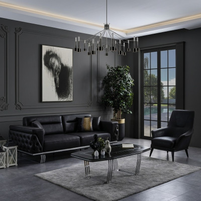 Zestaw sofowy Sofa kompletna 41 Siedziba Fotel sztuczna skóra Czarny Zestaw 2szt