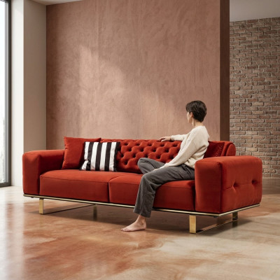 Sofa trzyosobowa Chesterfield 3 miejsce do siedzenia Sofy Czerwony Materiał Living Room Luxury
