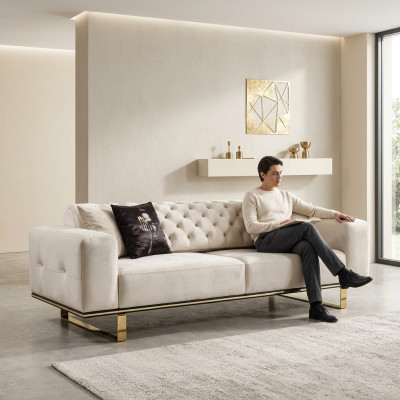 Sofa trzyosobowa Chesterfield 3 Siedziba Sofy Biały Materiał Salon Luksus
