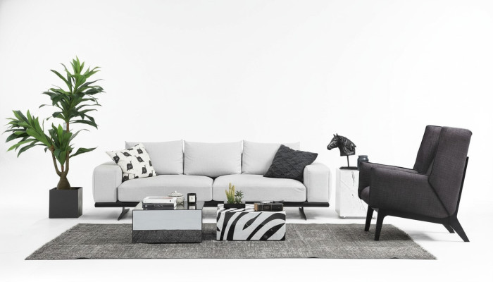 Zestaw sofowy Sofa 3 miejsce do siedzenia Fotel Trzyosobowy Szary Nowoczesny Materiał Siedziba