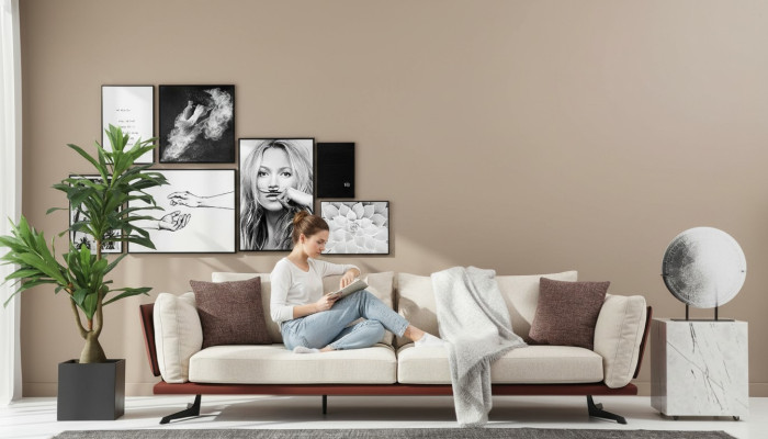 Sofa dwuosobowa 2-osobowa, materiał beżowy, nowoczesny design, luksusowy salon