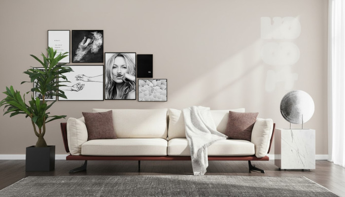 Sofa dwuosobowa 2-osobowa, materiał beżowy, nowoczesny design, luksusowy salon