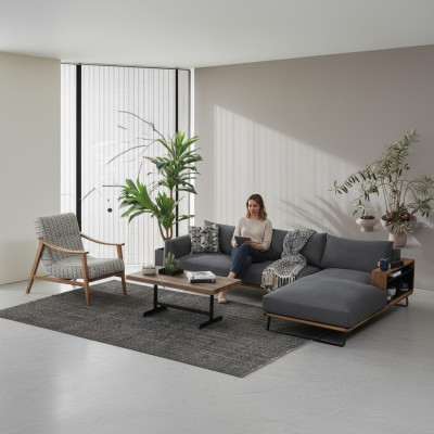 Narożnikowa kanapa Sofa w kształcie litery L, szara, nowoczesny materiał, projekt salonu, poliester