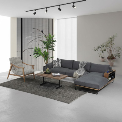 Narożnikowa kanapa Sofa w kształcie litery L, szara, nowoczesny materiał, projekt salonu, poliester