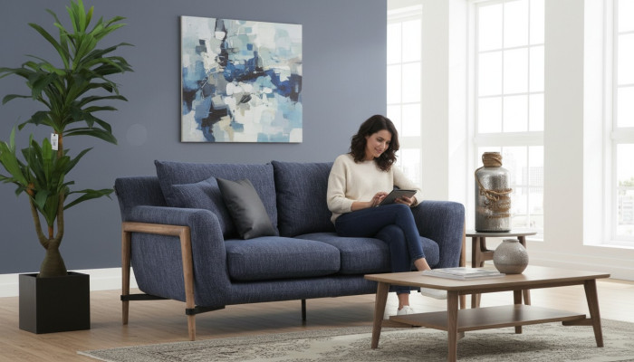 Sofa czteroosobowa 4 miejsce do siedzenia Sofy materiałowe Nowoczesny design Pokój dzienny Niebieski